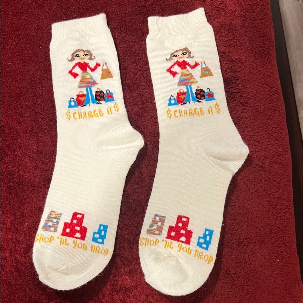 White $Charge it$ Shop Til You Drop Graphic Socks - Picture 5 of 7